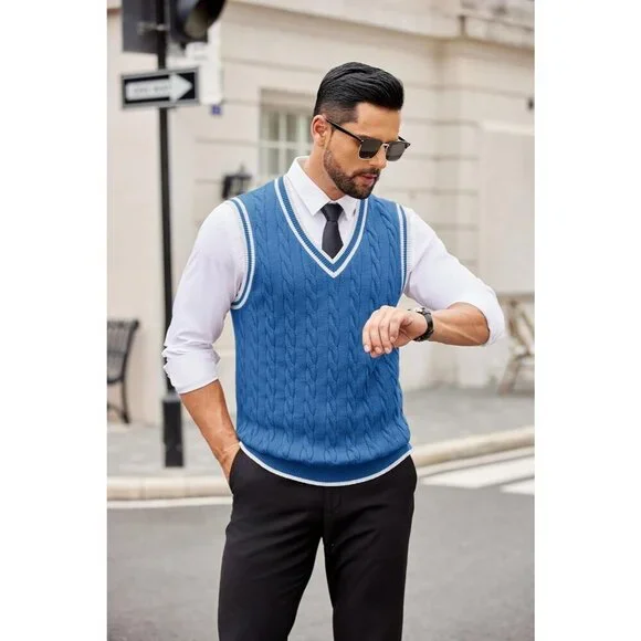 Coofandy Men Blue Fitted V Neck Sleeveless Knitted Pullovers Sweater Vest